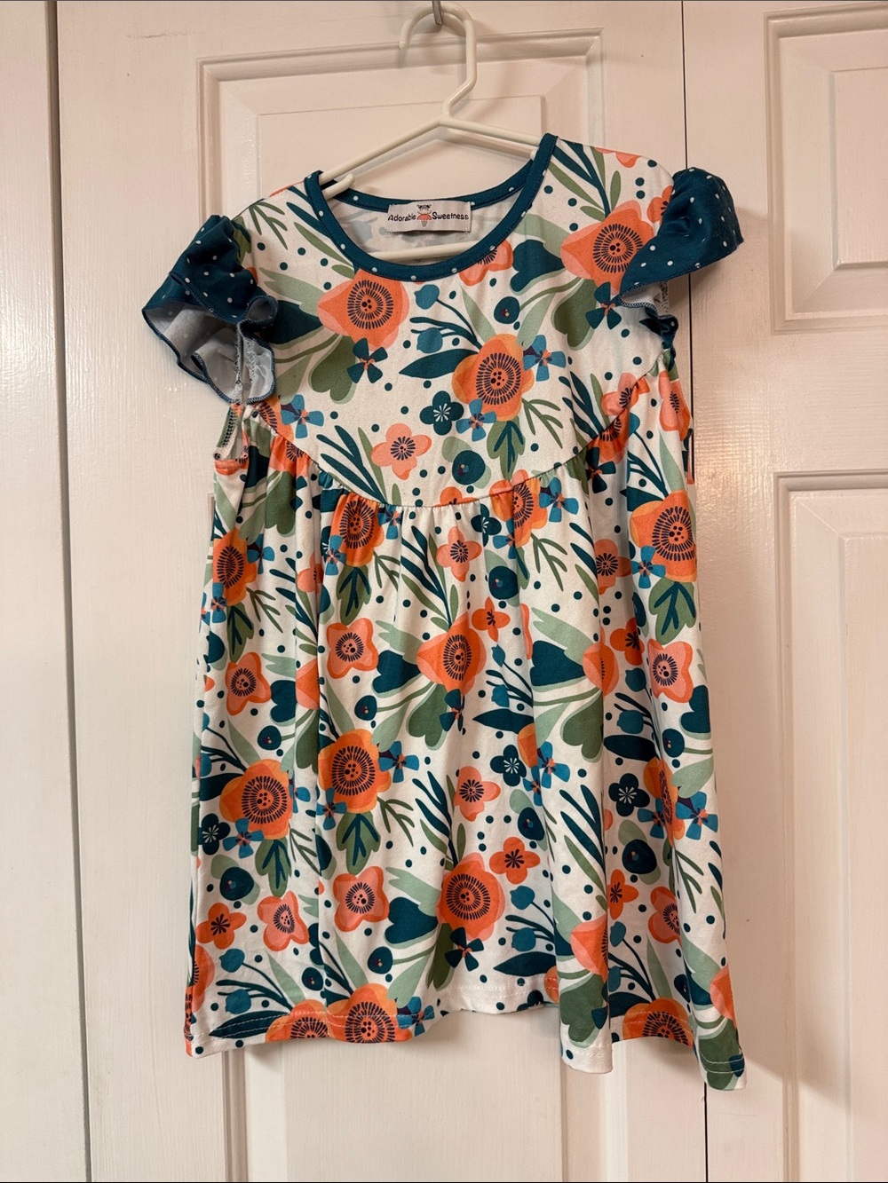 Girls' Floral Ruffle-Sleeve & short set - Orange, Teal & Green